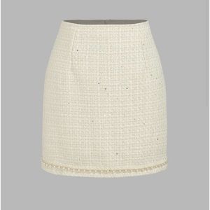 Solid Tweed Faux Pearl Geometric Mini Skirt